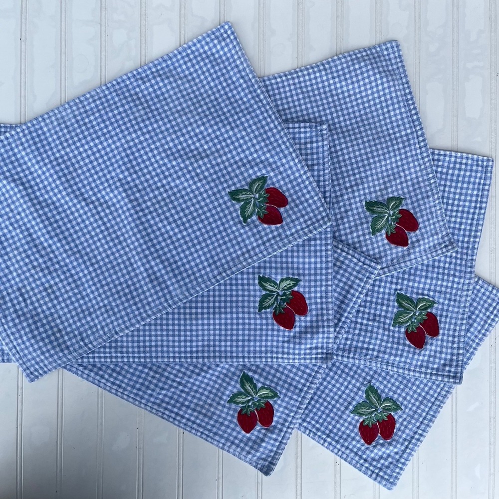 Vintage Blue Gingham Strawberry Embroidered Placemats Set of 6 Checkered
